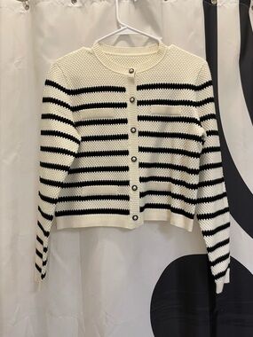 Striped Knit Button-Up Cardigan Sweater - Cream & Black